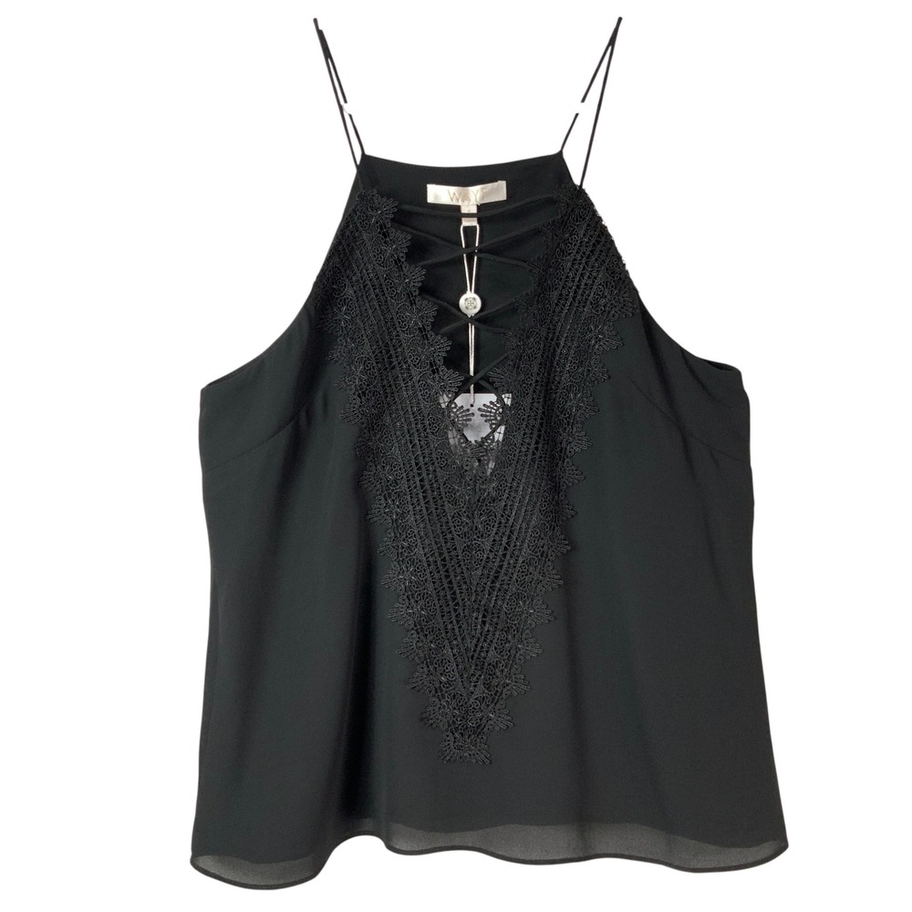WAYF Black Solid Camisole S Lace-up V-Neck Sleeveless Lace Trim Detail NEW